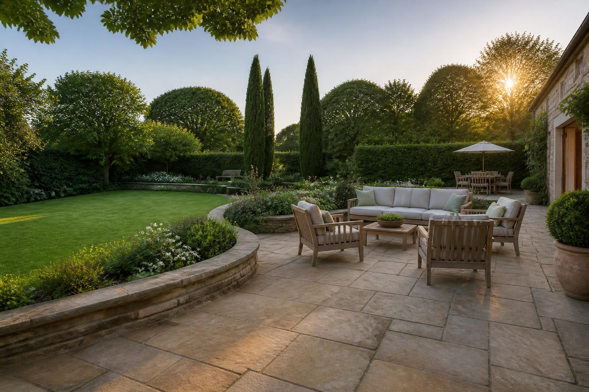 Premium landscaped garden with natural stone patio, seating and mature planting in Berkshire