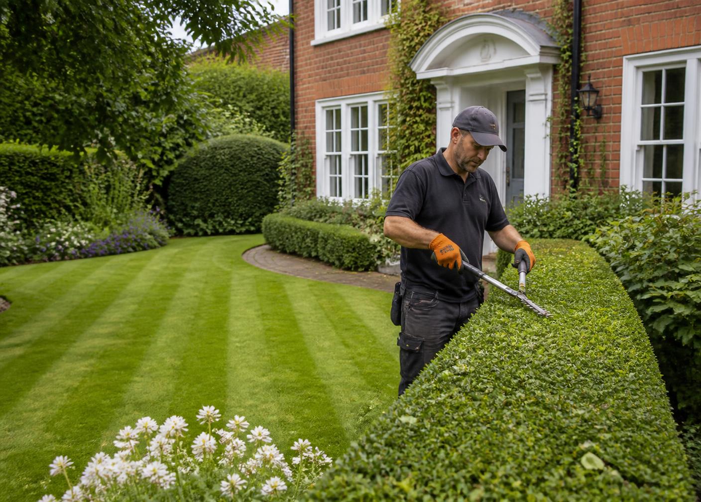 Gardener maintaining hedges and lawn at a Berkshire property