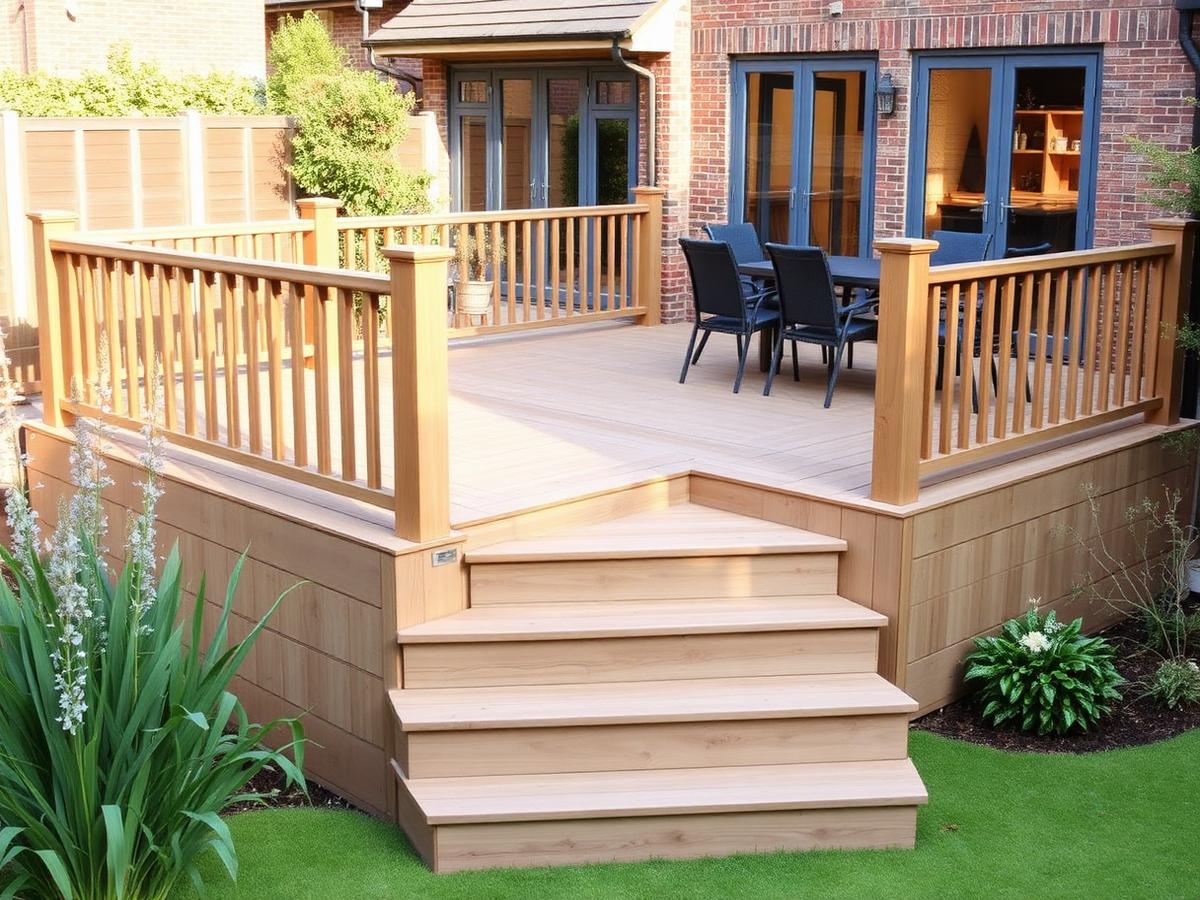 Raised decking area with timber balustrade, steps and outdoor dining set