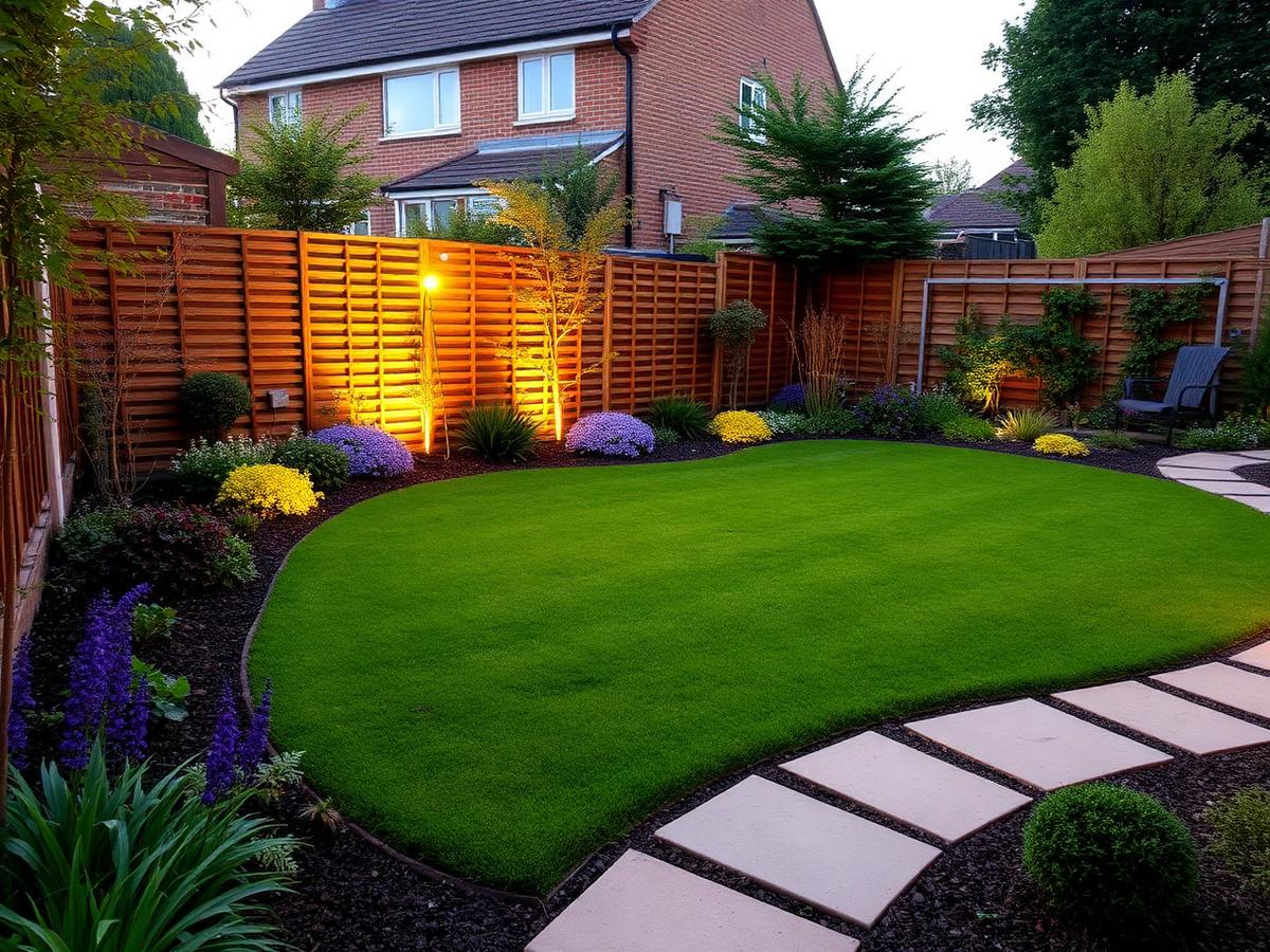 Transformed rear garden with shaped lawn, stone path and planted borders at dusk